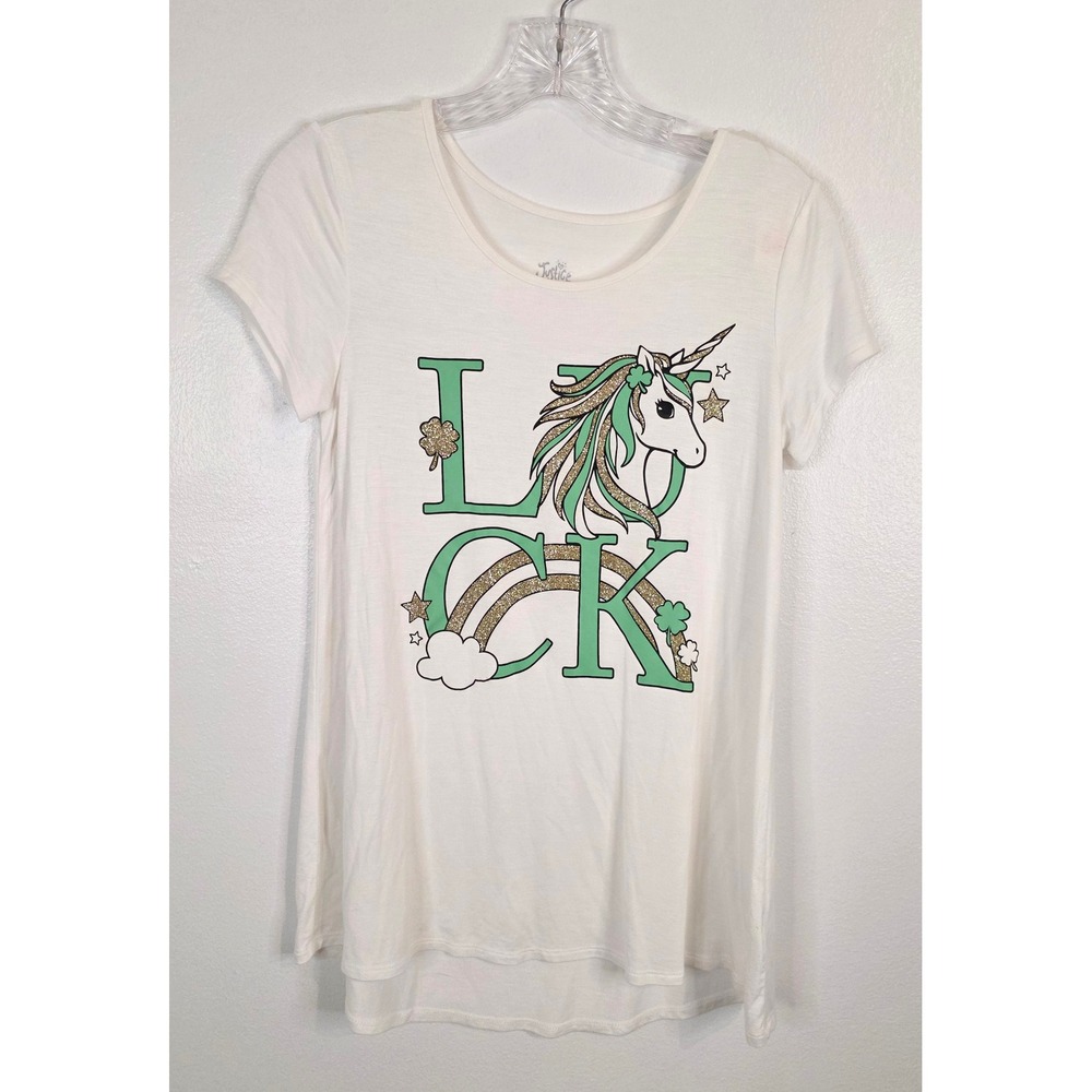 Justice Girls White Luck Unicorn Glitter Graphic T-Shirt Size 14/16 NWT